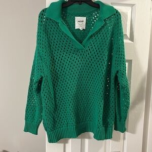 Aerie Kelly Green Open Knit Polo Sweater Sz M